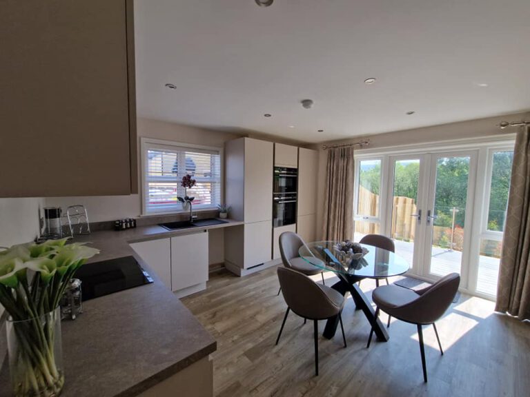 Open-plan kitchen diner with French doors