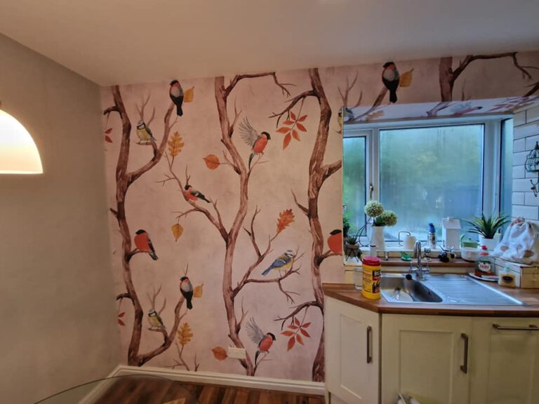 Kitchen with bird and branch mural wallpaper