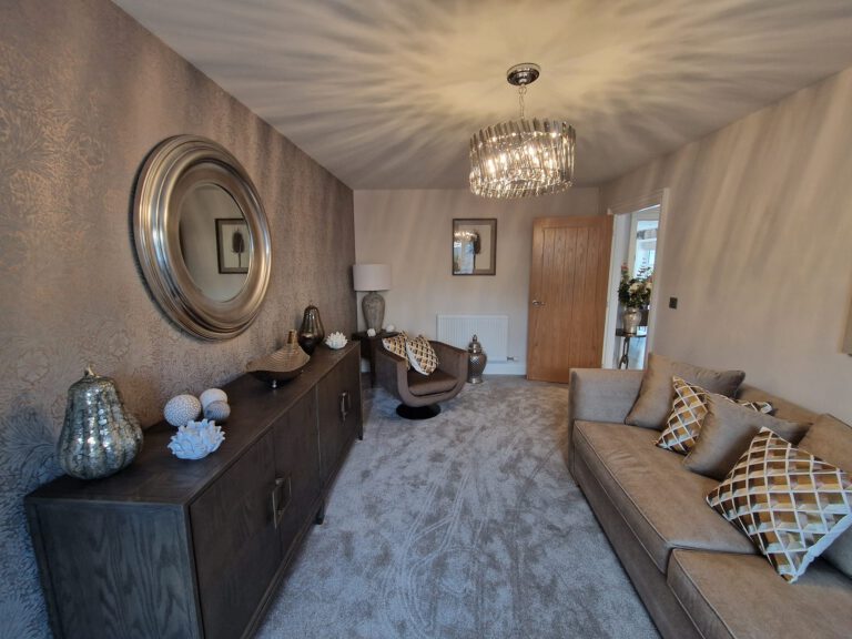 Living room with silver textured wallpaper